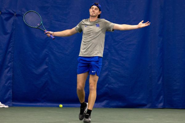 Kentucky Wildcats Matt Rankin celebrates a win during the Kentucky vs South Carolina men’s tennis match on Sunday, Mar. 2, 2025 at Hilary J. Boone Tennis Center in Lexington, Kentucky. Kentucky won 4-2. Sydney Yonker | Staff