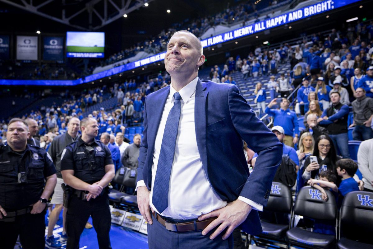 Kentucky Wildcats head coach Mark Pope smiles while watching his players leave the court after the basketball game vs. the LSU Tigers on Tuesday, March 4, 2025, at Rupp Arena in Lexington, Kentucky. Kentucky won 95-64. Photo by Christian Kantosky | Assistant Photo Editor