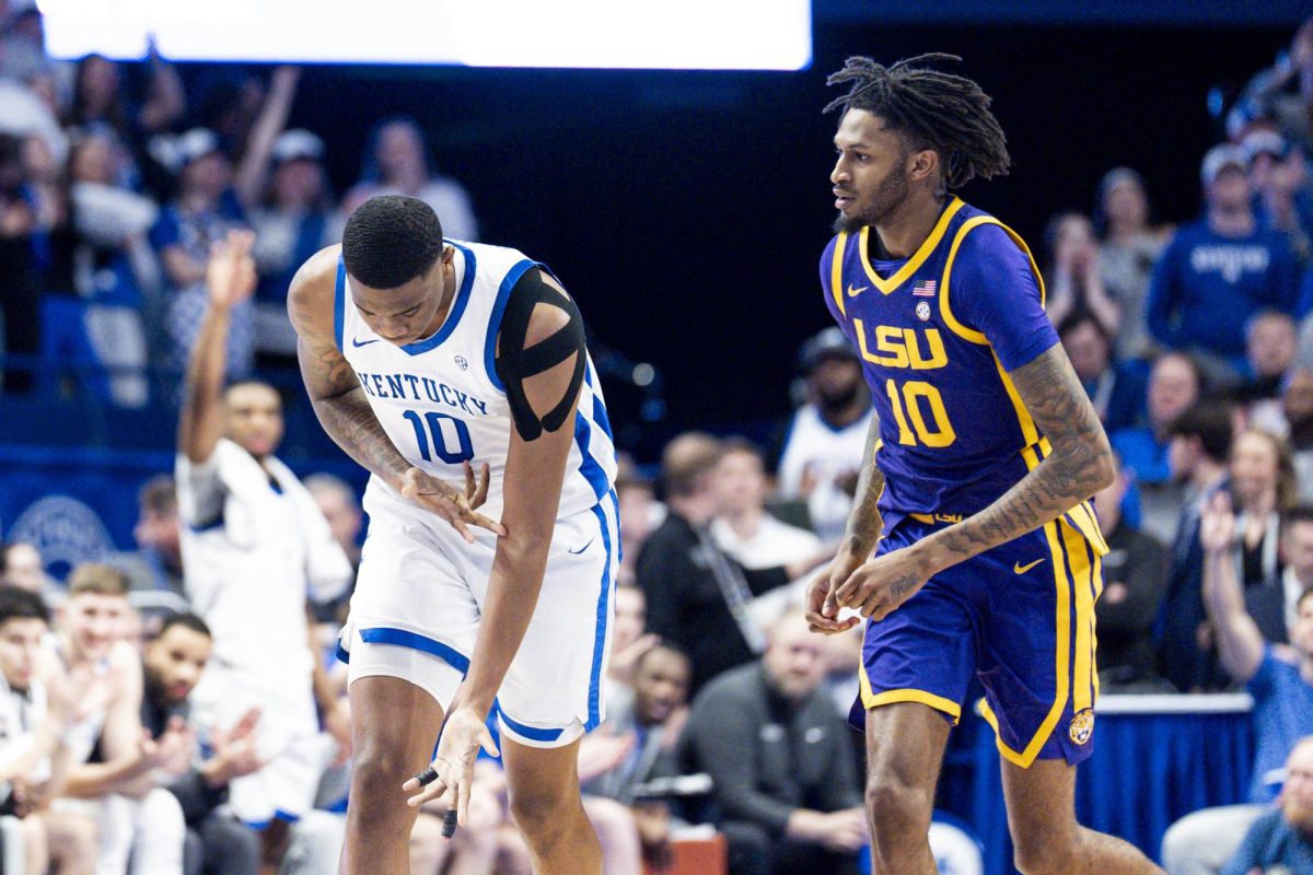 Kentucky Wildcats forward Brandon Garrison (10) celebrates a three-point shot during the basketball game vs. the LSU Tigers on Tuesday, March 4, 2025, at Rupp Arena in Lexington, Kentucky. Kentucky won 95-64. Photo by Christian Kantosky | Assistant Photo Editor