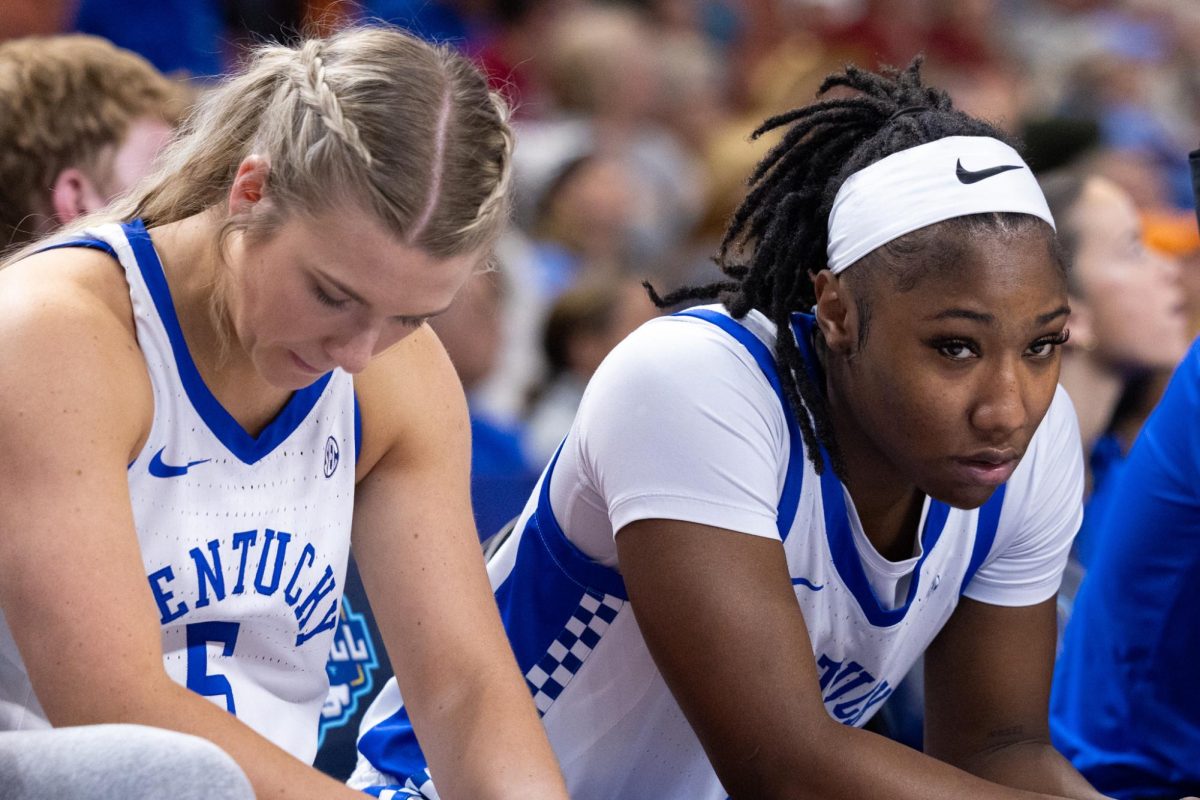 Kentucky Wildcats guard Cassidy Rowe (5) and Kentucky Wildcats guard Saniah Tyler (2) on the bench during the Kentucky vs Oklahoma SEC tournament women’s basketball game on Friday, Mar. 7, 2025 at Bon Secours Wellness Arena in Greenville, South Carolina. Kentucky lost 69-65. Sydney Yonker | Staff