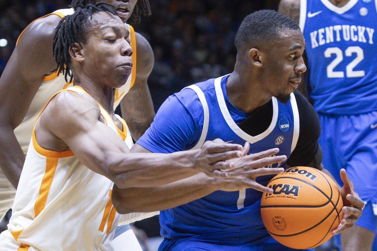 Tennessee Volunteers guard Jordan Gainey guards Kentucky Wildcats guard Lamont Butler during the NCAA men’s basketball tournament Sweet Sixteen game vs. the Tennessee Volunteers on Friday, March 28, 2025, at Lucas Oil Stadium in Indianapolis, Indiana. Tennessee won 78-65. Photo by Christian Kantosky | Assistant Photo Editor