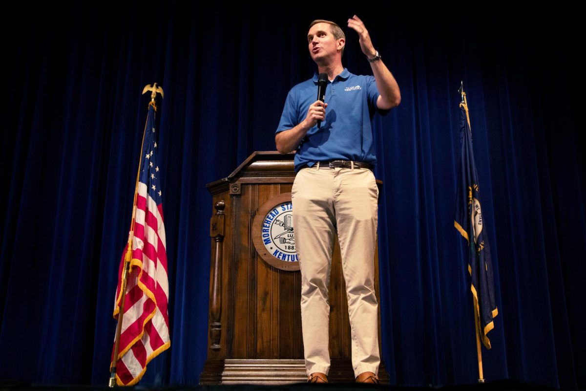 Gov. Andy Beshear address a crowd of students on Tuesday, July, 2, 2024, at Morehead State University in Morehead, Kentucky. Photo by Christian Kantosky | Assistant Photo Editor