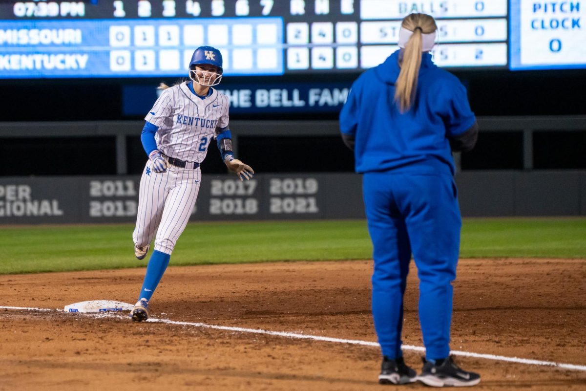 Kentucky infielder Cassie Reasner rounds third base after hitting a home run during the Kentucky vs. Missouri softball match on Friday, March 7, 2024 at John Cropp Stadium in Lexington, Kentucky. Kentucky won 6-4. Photo by Will Luckett | Staff