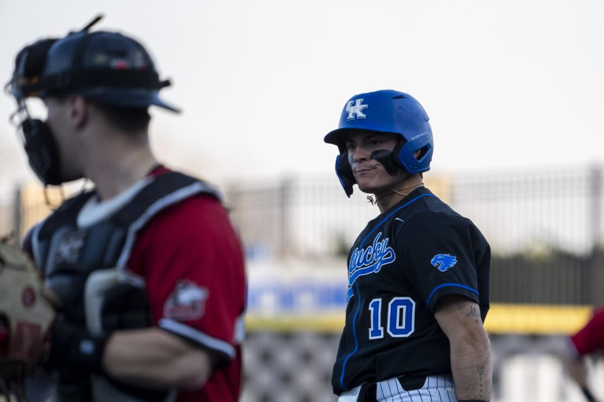 Kentucky infielder Luke Lawrence (10) looks over at the dugout after being walked during the baseball game vs. NIU on Tuesday, March. 11, 2025, at Kentucky Proud Park in Lexington, Kentucky.  Photo by Matthew Mueller | Photo Editor