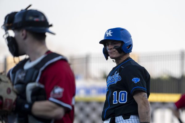 Kentucky infielder Luke Lawrence (10) looks over at the dugout after being walked during the baseball game vs. NIU on Tuesday, March. 11, 2025, at Kentucky Proud Park in Lexington, Kentucky.  Photo by Matthew Mueller | Photo Editor