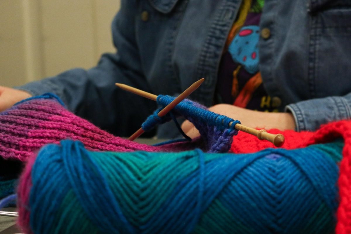 Yarn and knitting needles lay atop a table during a meeting for the University of Kentucky's Knitting Club on Thursday, Feb. 27, 2025 in room 110 of Patterson Office Tower in Lexington, Kentucky. Photo by Hannah Piedad | Staff