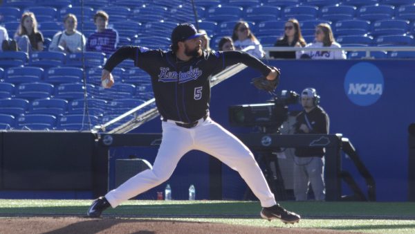 Nic McCay throws the first pitch during the baseball game vs. Hofstra on Friday, Feb. 28, 2025, at Kentucky Proud Park in Lexington, Kentucky. Kentucky won 7-5. Photo by Mackenzie Walton | Staff