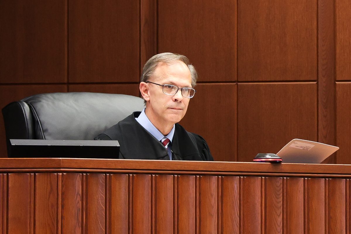 Vice Chief Regional Circuit Judge Thomas Travis listens to the Kentucky Kernel’s attorney Mike Abate during a hearing for the lawsuit between The Kernel Press Inc. and the University of Kentucky on Tuesday, March 25, 2025, in Robert F. Stephens Circuit Courthouse Lexington, Kentucky. Photo by Abbey Cutrer | Staff