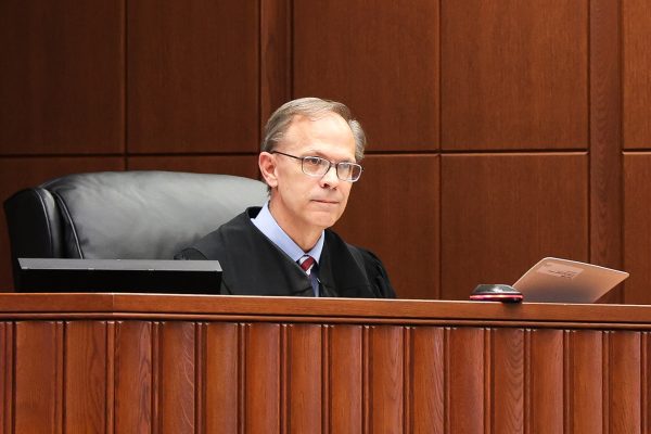 Vice Chief Regional Circuit Judge Thomas Travis listens to the Kentucky Kernel’s attorney Mike Abate during a hearing for the lawsuit between The Kernel Press Inc. and the University of Kentucky on Tuesday, March 25, 2025, in Robert F. Stephens Circuit Courthouse Lexington, Kentucky. Photo by Abbey Cutrer | Staff