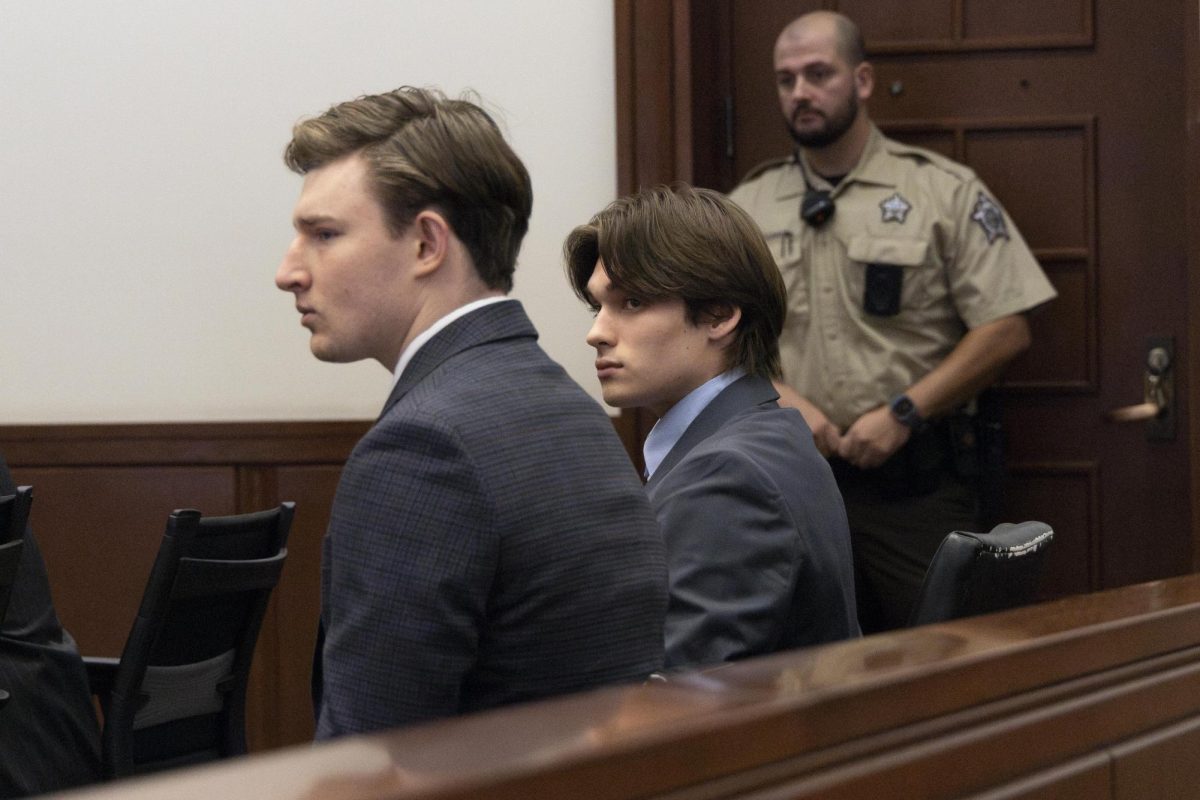 Addison Adkins and Angus Thompson sit in court for preliminary hearing on Monday, March 17, 2025, at Fayette County District Court in Lexington, Kentucky. Photo by Sydney Novack | Staff