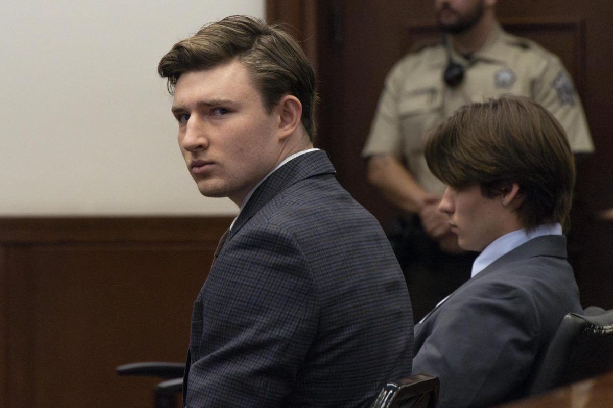 Addison Adkins and Angus Thompson sit in court for preliminary hearing on Monday, March 17, 2025, at Fayette County District Court in Lexington, Kentucky. Photo by Sydney Novack | Staff
