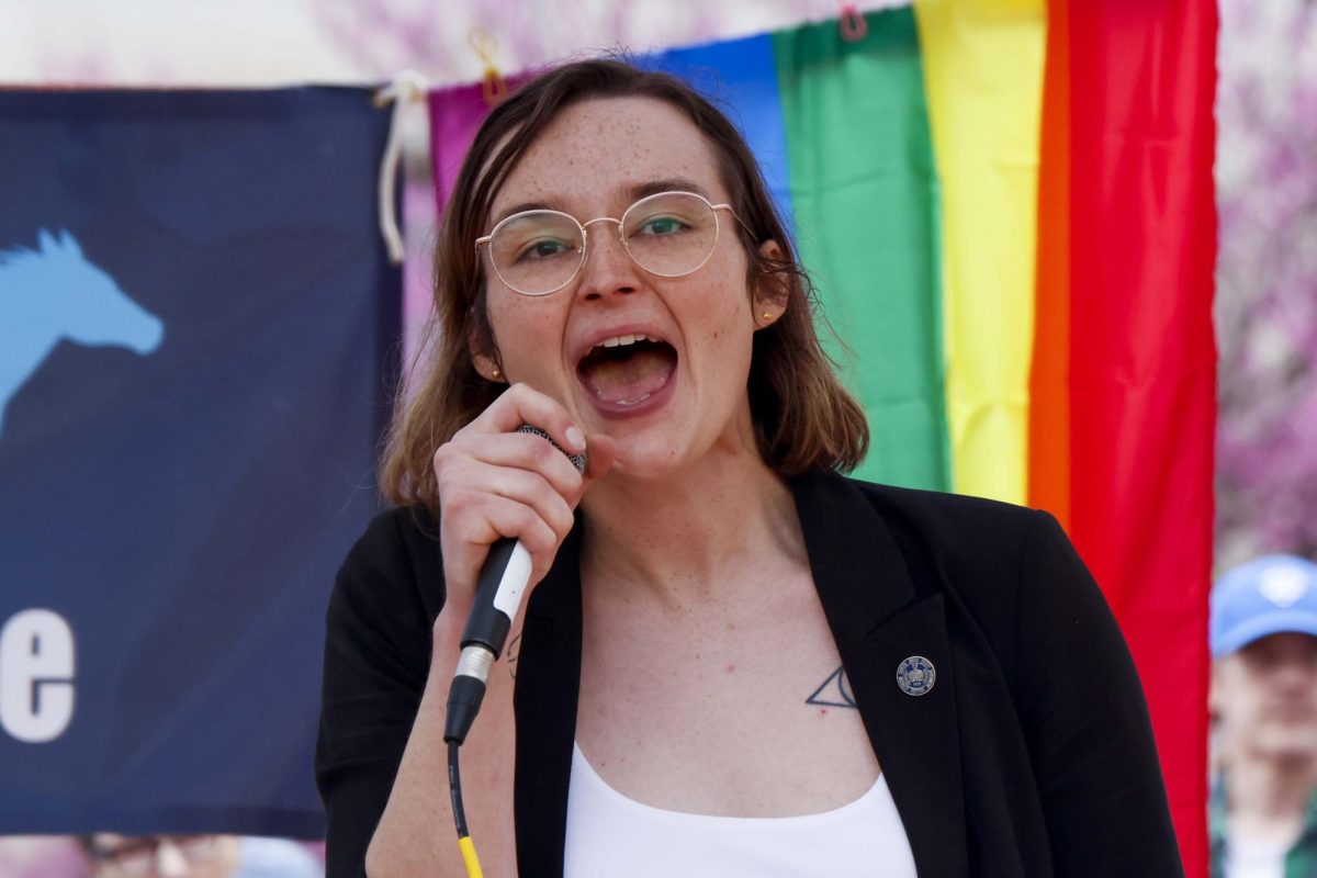 Concilwomen Emma Curtis speaks to the crowd during the “Hands Off!” protest on Saturday, April. 5, 2025, at Robert F. Stephens Courthouse Plaza in Lexington, Ky Photo by Matthew Mueller | Photo Editor