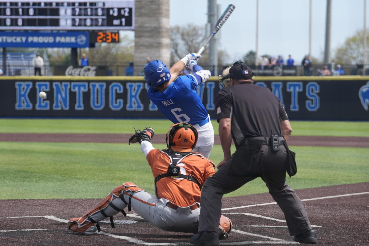 Kentucky Wildcats shortstop Tyler Bell (6) lines the ball for a base hit during the Kentucky vs Texas baseball game on Sunday, Apr. 13, 2025 at Kentucky Proud Park in Lexington, Kentucky. Kentucky lost 5-4. Photo by Greysun Niehaus | Staff