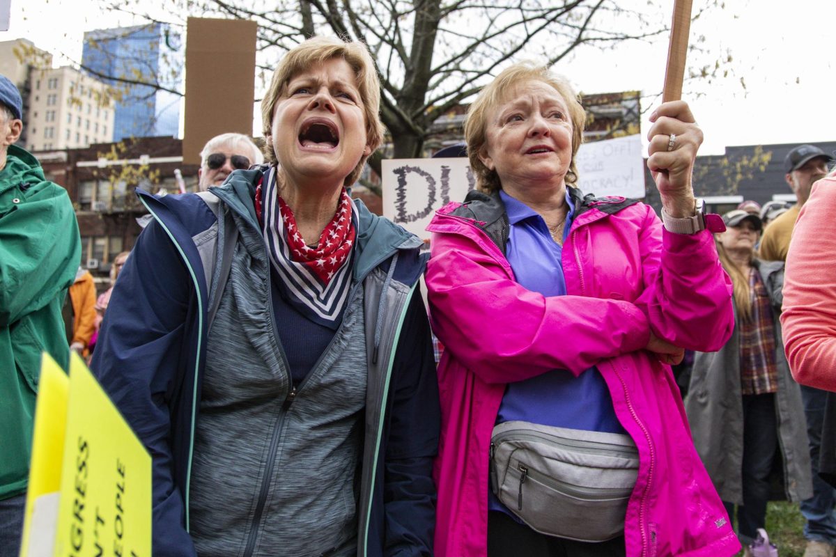 Attendees cheer and clap, while speakers talk during the “Hands Off!” protest on Saturday, April 5, 2025, at Robert F. Stephens Courthouse Plaza in Lexington, Ky. Photo by Christian Kantosky | Assistant Photo Editor