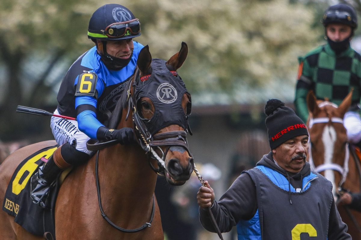Golden Plate and Jockey Jose L. Ortiz prepare to enter the racetrack during the Keeneland College Scholarship Day on Friday, April 11, 2025, at Keeneland Racetrack in Lexington, Ky. Photo by Cara Raiford | Staff