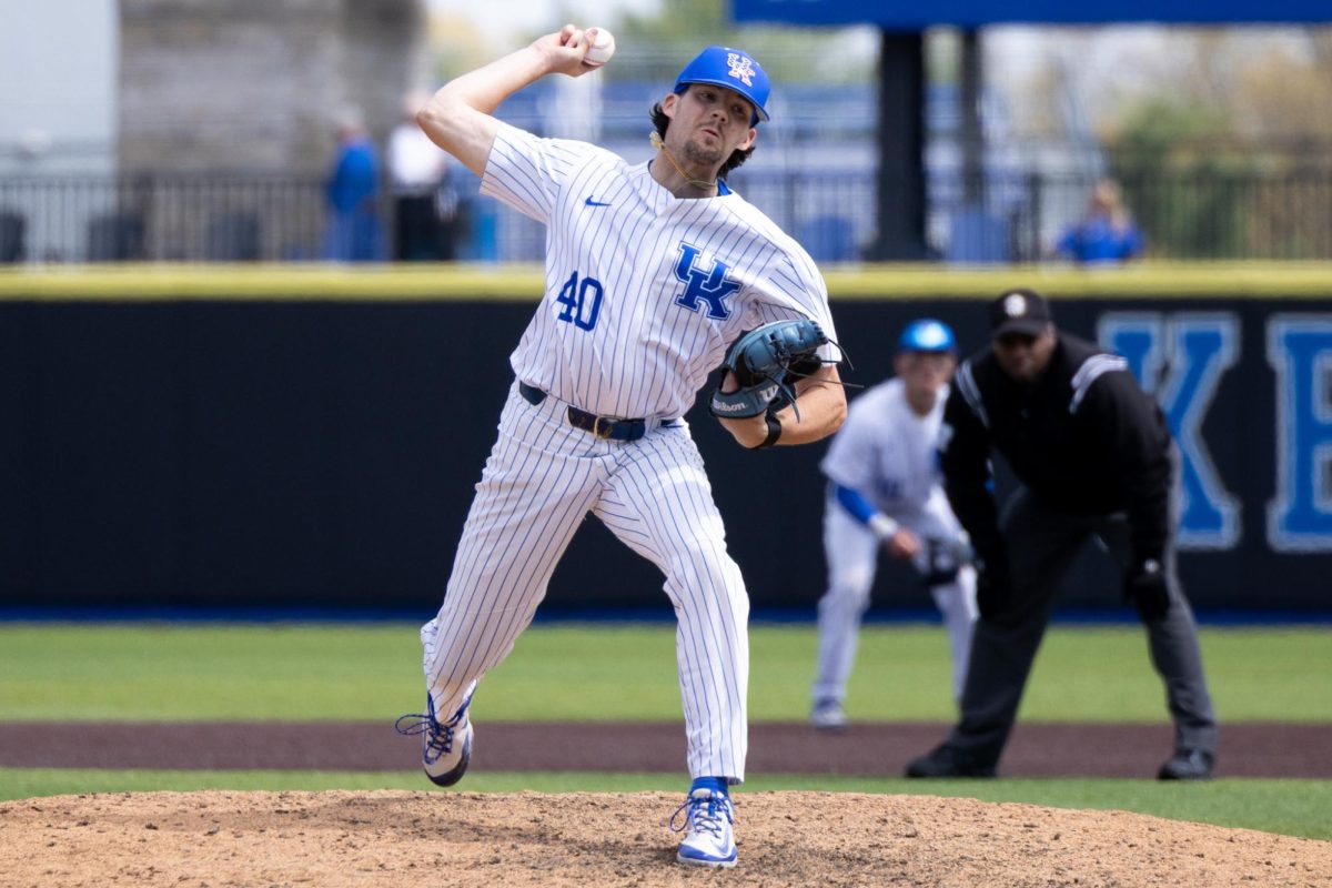 Kentucky wildcats pitcher Simon Gregersen (40) pitches the ball during the Kentucky vs Texas baseball game on Saturday, Apr. 12, 2025 at Kentucky Proud Park in Lexington, Kentucky. Kentucky won 5-4. Photo by Sydney Yonker