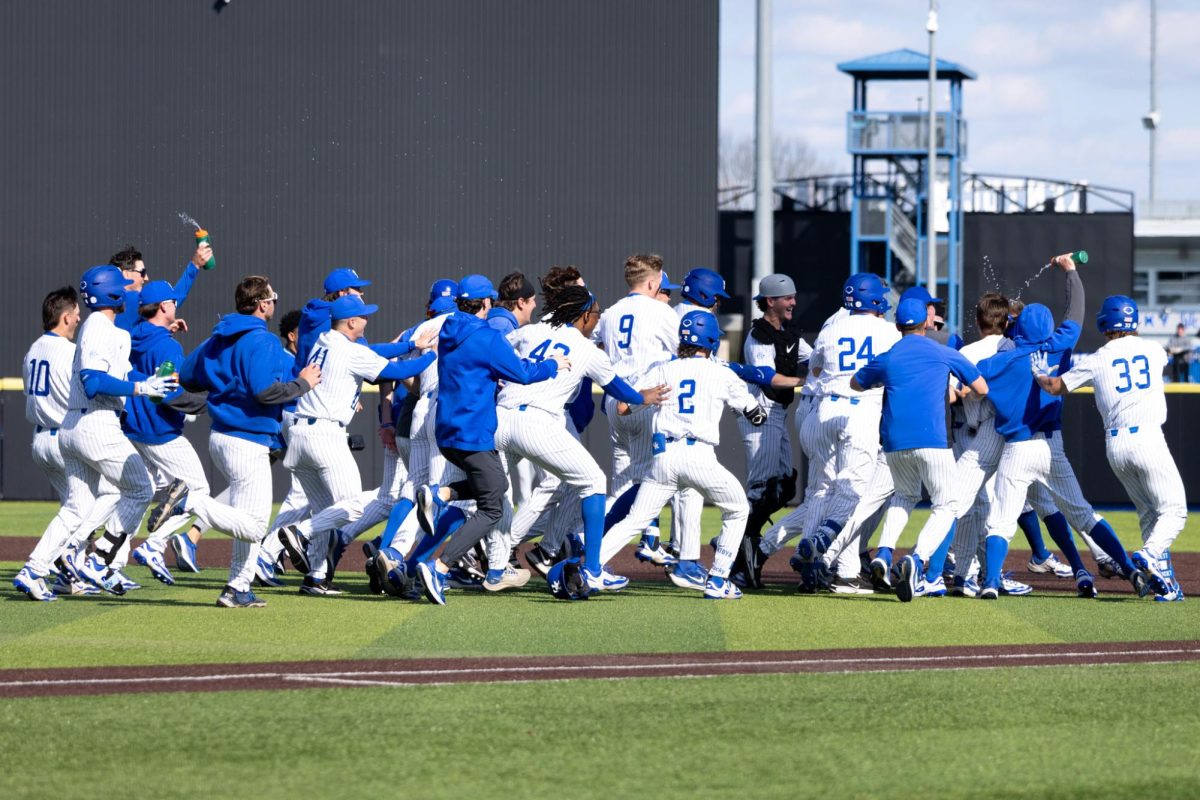 Kentucky wildcats celebrate a win after the Kentucky vs Texas baseball game on Saturday, Apr. 12, 2025 at Kentucky Proud Park in Lexington, Kentucky. Kentucky won 5-4. Photo by Sydney Yonker | Staff