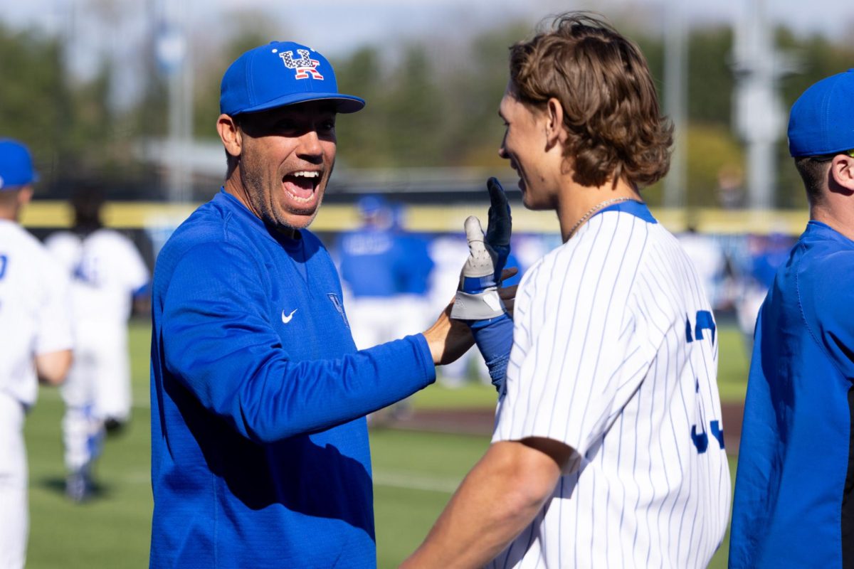 Kentucky wildcats celebrate a win after the Kentucky vs Texas baseball game on Saturday, Apr. 12, 2025 at Kentucky Proud Park in Lexington, Kentucky. Kentucky won 5-4. Photo by Sydney Yonker | Staff