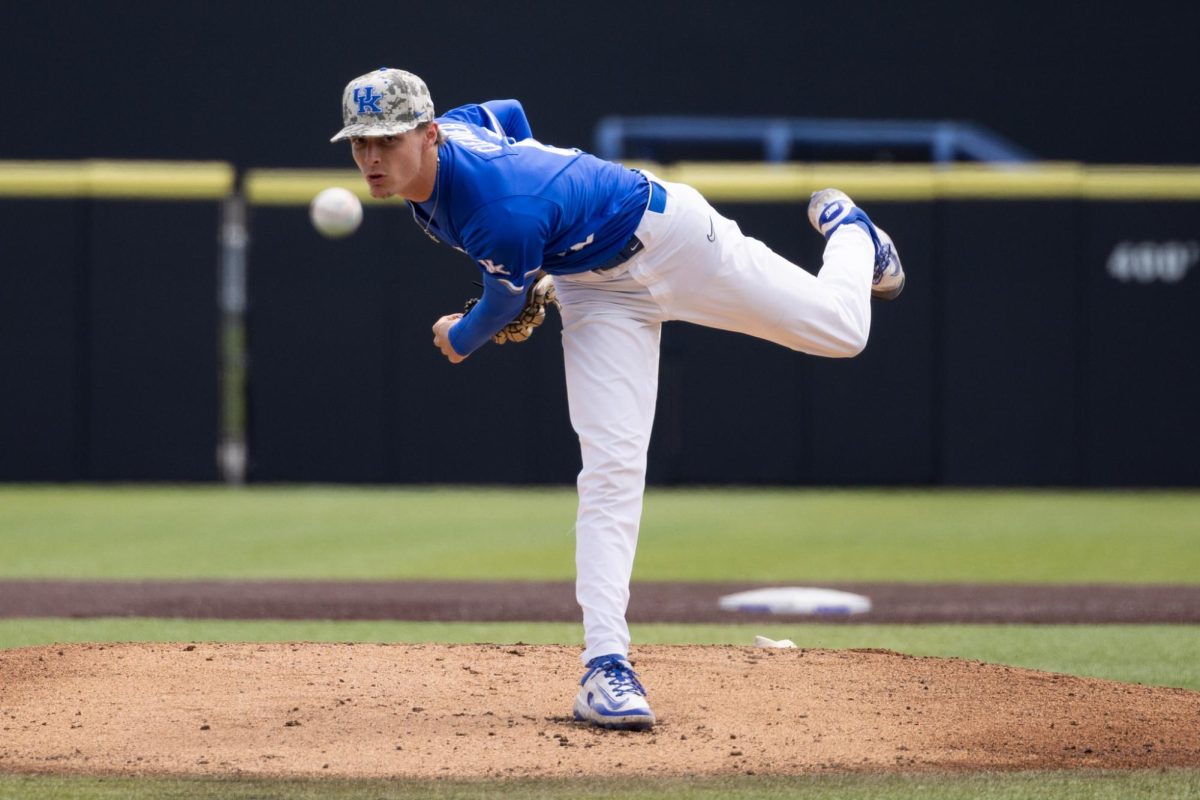 Kentucky wildcats pitcher Ben Cleaver (48) throws a pitch during the Kentucky vs Texas baseball game on Sunday, Apr. 13, 2025 at Kentucky Proud Park in Lexington, Kentucky. Kentucky lost 5-4. Photo by Sydney Yonker | Staff