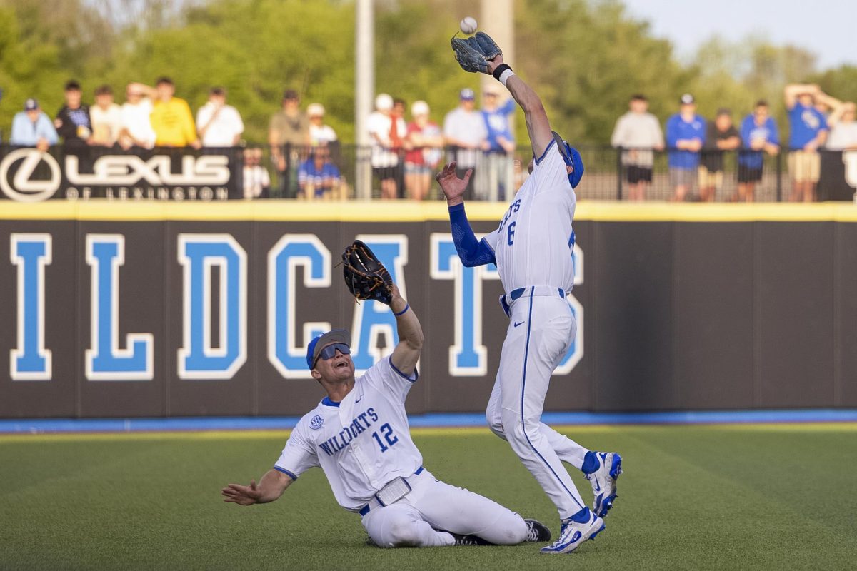 Kentucky infielder Tyler Bell (6) and Kentucky utility Cole Hage (12) during the Kentucky vs Louisville baseball game on Tuesday, Apr. 22, 2025 at Kentucky Proud Park in Lexington, Kentucky. Kentucky won 17-5. Photo by Sydney Yonker | Staff
