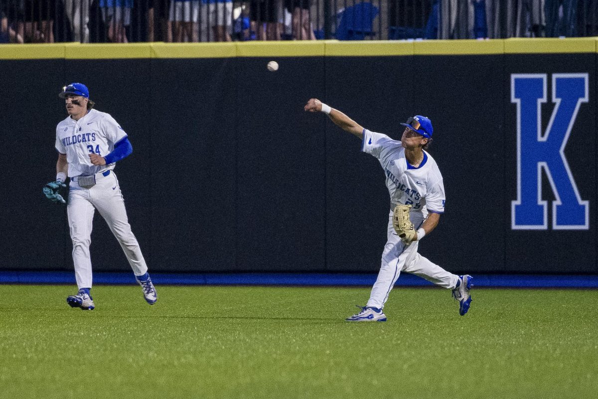 Kentucky utility Ryan Schwartz (25) throws in the ball during the Kentucky vs Louisville baseball game on Tuesday, Apr. 22, 2025 at Kentucky Proud Park in Lexington, Kentucky. Kentucky won 17-5. Photo by Sydney Yonker | Staff