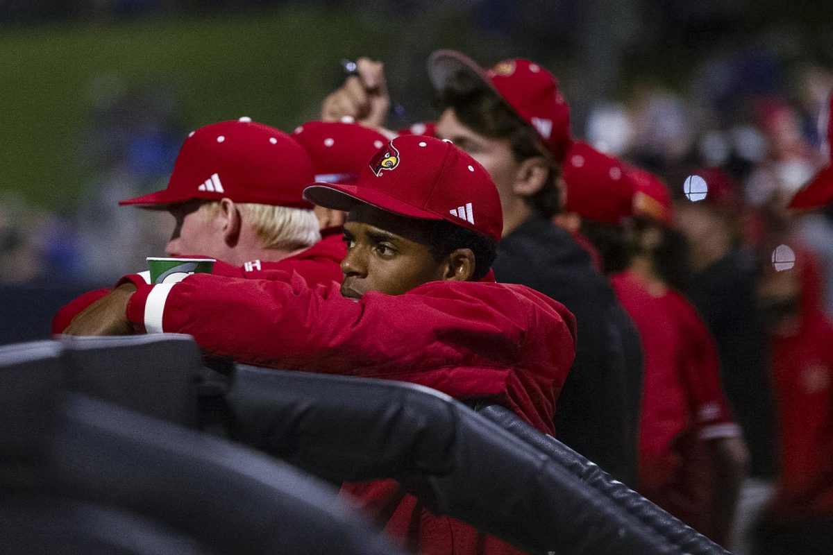 Louisville dugout looks on during the Kentucky vs Louisville baseball game on Tuesday, Apr. 22, 2025 at Kentucky Proud Park in Lexington, Kentucky. Kentucky won 17-5. Photo by Sydney Yonker | Staff