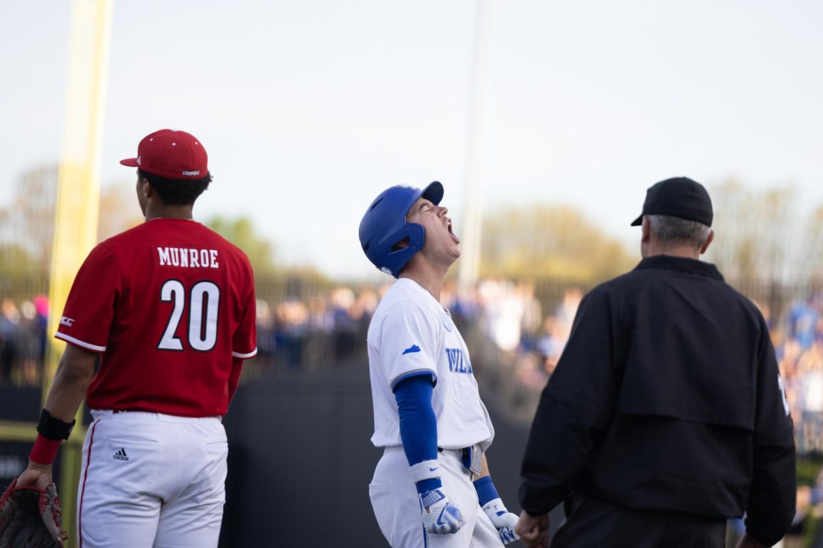 Kentucky infielder Patrick Herrera (1) celebrates a thriple during the Kentucky vs Louisville baseball game on Tuesday, Apr. 22, 2025 at Kentucky Proud Park in Lexington, Kentucky. Kentucky won 17-5. Photo by Sydney Yonker | Staff