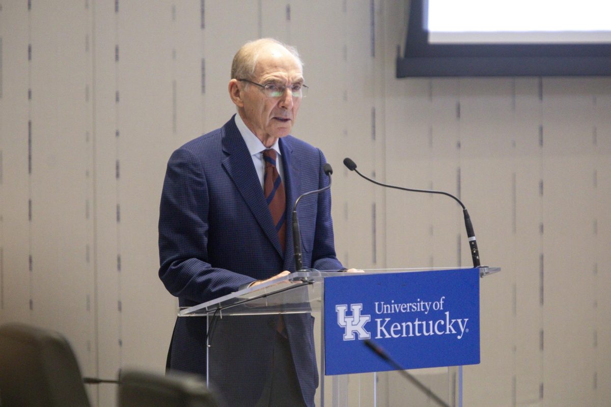 University of Kentucky President, Eli Capilouto, addresses the board and attendees during the board of trustees meeting on Friday, April 25, 2025, at Harris Ballroom in Lexington, Ky. Photo by Christian Kantosky | Assistant Photo Editor