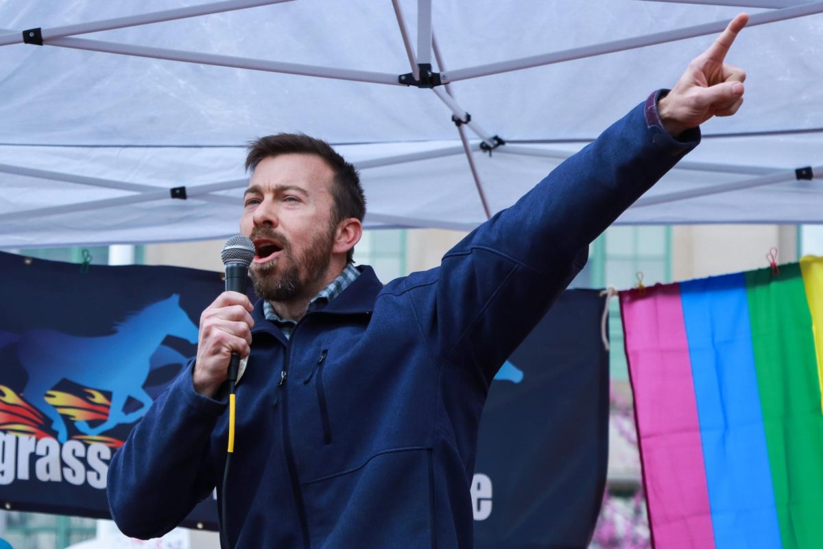 Kentucky General Assembly Representative Adam Moore addresses the crowd during the “Hands Off!” protest on Saturday, April 5, 2025, at Robert F. Stephens Courthouse Plaza in Lexington, Ky. Photo by Cara Raiford | Staff