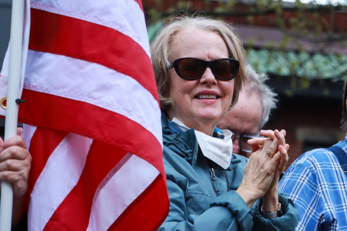Protestor cheers during the “Hands Off!” protest on Saturday, April 5, 2025, at Robert F. Stephens Courthouse Plaza in Lexington, Ky. Photo by Cara Raiford | Staff