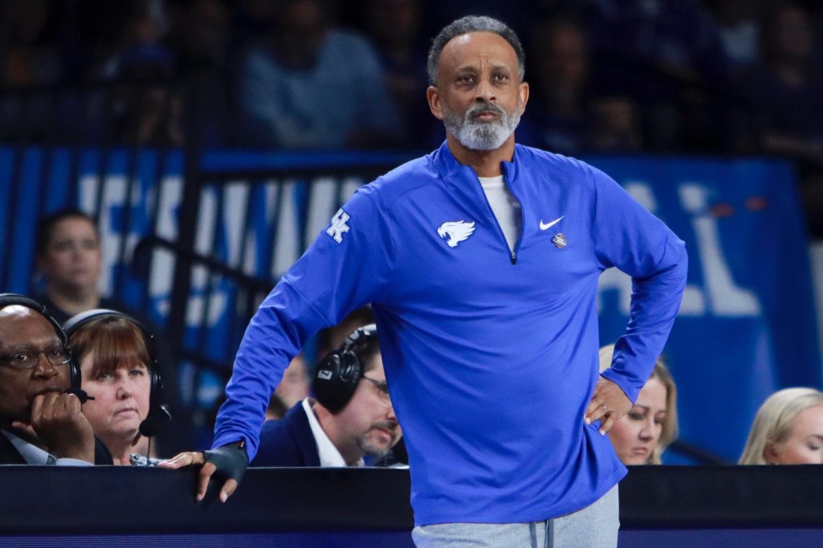 University of Kentucky Wildcats Head Coach Kenny Brooks observes his team during the Kentucky vs Kansas State women’s basketball March Madness game on Sunday, March 23, 2025 at Historic Memorial Coliseum in Lexington, Kentucky. Kentucky lost 79-80. Photo by Cara Raiford | Staff