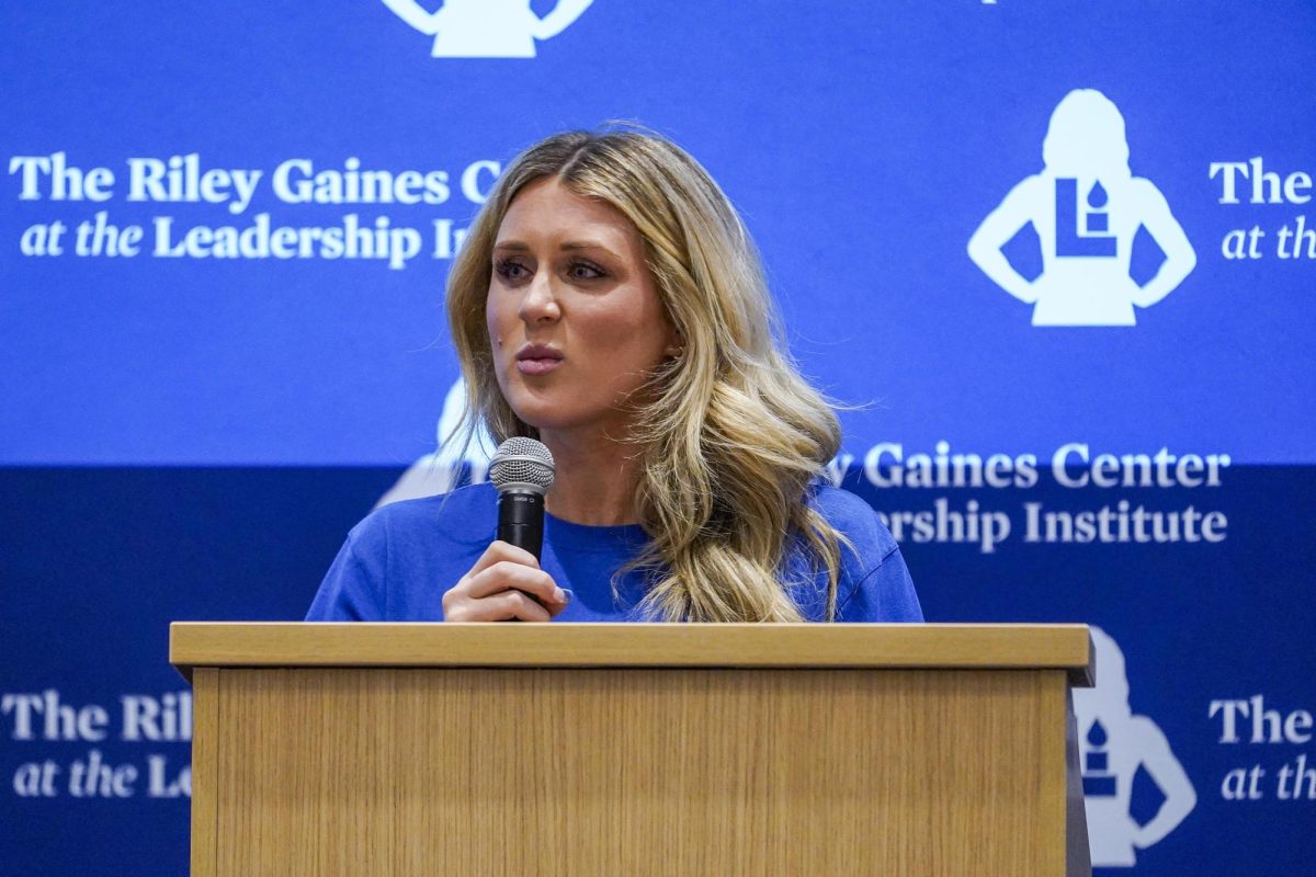Former UK swimmer, Riley Gaines, talks during “The Fight is Far from Over” on Monday, April 28, 2025, at the Gatton Student Center Grand Ballroom in Lexington, Ky. Photo by Christian Kantosky | Assistant Photo Editor
