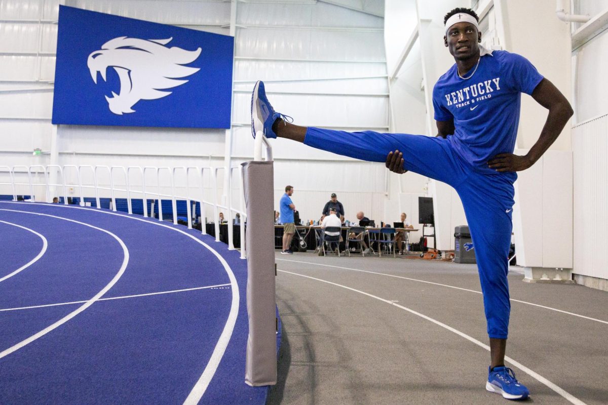 Kentucky athlete Carlie Makarawu warms up in the indoor facility, next to the media workspace, before final track events begin during the 2025 SEC Outdoor Championships on Saturday, May 17, 2025, at UK Outdoor Track and Field Facility in Lexington, Ky. Photo by Christian Kantosky | Photo Editor
