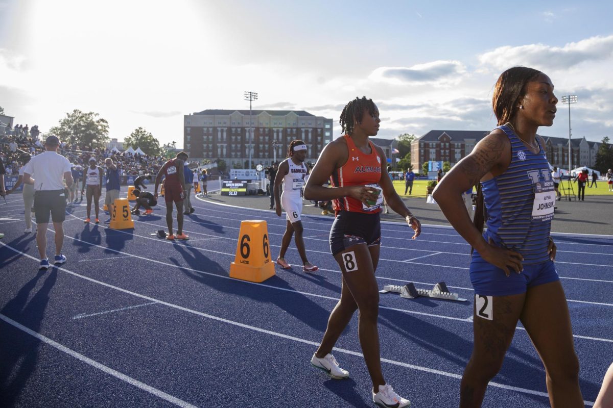 Athletes walk off the track after completing an event during the 2025 SEC Outdoor Championships on Saturday, May 17, 2025, at UK Outdoor Track and Field Facility in Lexington, Ky. Photo by Christian Kantosky | Photo Editor
