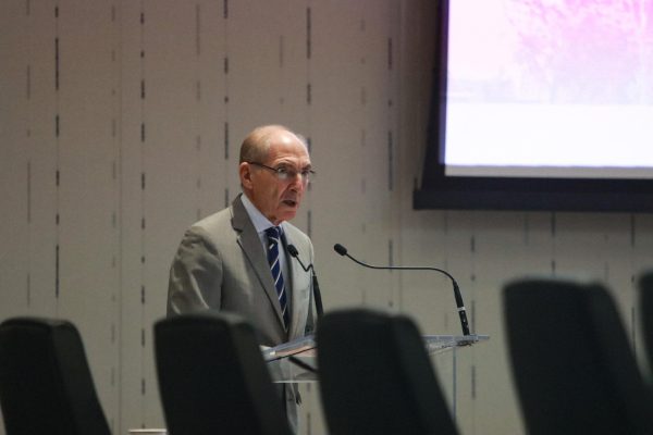 University of Kentucky President Eli Capilouto gives a speech during the Board of Trustees meeting on Friday, June 13, 2025, at University of Kentucky in Lexington, Ky. Photo by Cara Raiford | Staff