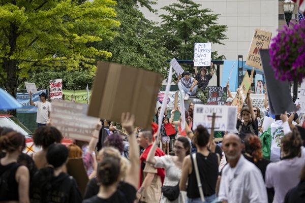 Protestor hold up signs while cars drive down Main Street during the “No Kings” protest on Saturday, June 14, 2025, at Courthouse Square in Lexington, Ky. Photo by Christian Kantosky | Photo Editor