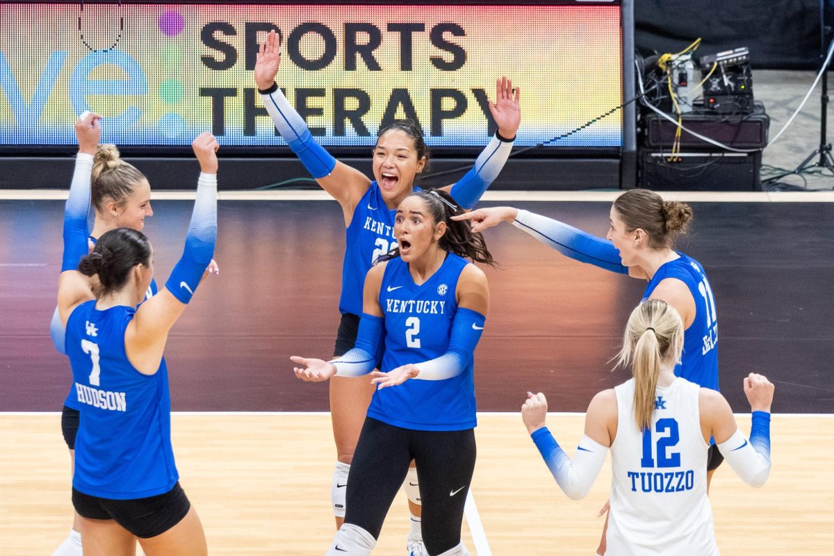 Kentucky Wildcats team celebrates during the volleyball game vs. Nebraska on Sunday, Aug. 31, 2025, at Bridgestone Arena in Nashville, Tennessee. Nebraska won 3-2. Photo by Kenzie Cummings | Staff