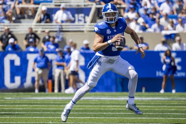 Kentucky Wildcats quarterback Zach Calzada (5) runs the ball during the football game vs. Toledo on Saturday, Aug. 30, 2025, at Kroger Field in Lexington, Ky. Photo by Christian Kantosky | Photo Editor