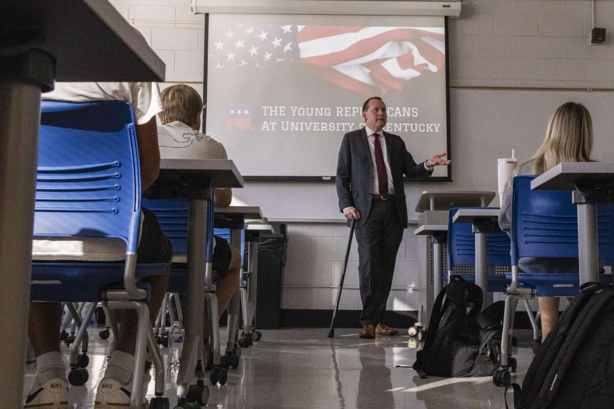 Kentucky Attorney General, Russell Coleman speaks to students on Tuesday, Sep. 3, 2025, at the UK Chemistry-Physics Building in Lexington, Ky. Photo by Brooke Johnson | Staff