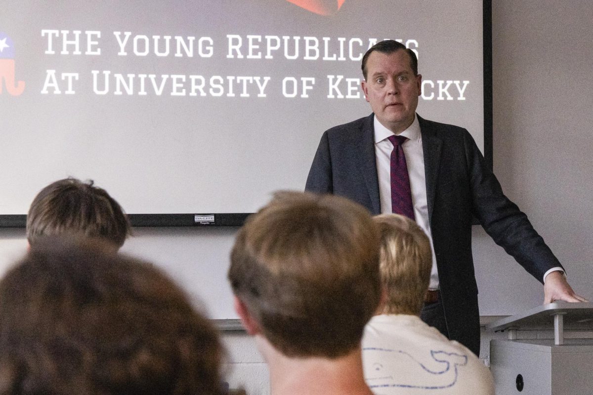 Kentucky Attorney General, Russell Coleman speaks to students on Tuesday, Sep. 3, 2025, at the UK Chemistry-Physics Building in Lexington, Ky. Photo by Brooke Johnson | Staff