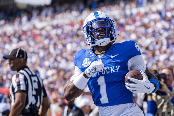 Kentucky Wildcats wide receiver Kendrick Law (1) celebrates converting a first down during the football game against Ole Miss on Saturday, Sept. 6, 2025, at Kroger Field in Lexington, Ky. Photo by Christian Kantosky | Photo Editor
