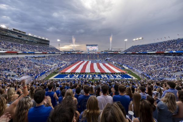 Kentucky fans cheer falling the national anthem during the football game against Eastern Michigan on Saturday, Sept. 13, 2025, at Kroger Field in Lexington, Ky. Photo by Christian Kantosky | Photo Editor