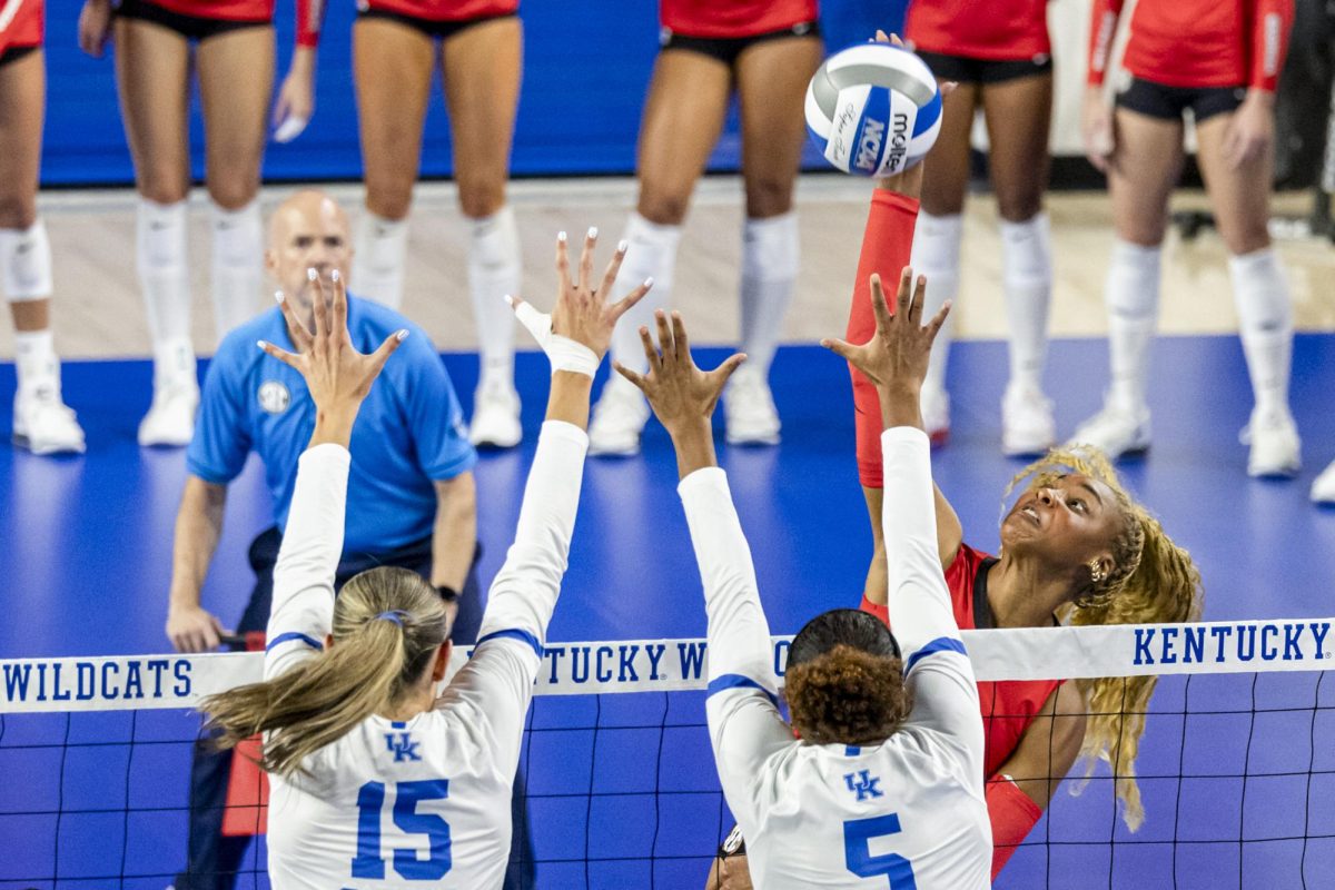 Georgia outside hitter Bianna Muoneke (13) spikes the ball during the game against Kentucky on Friday, Sept. 26, 2025, at Memorial Coliseum in Lexington, Ky. Kentucky won 3-0. Photo by Kate Bonafede | Staff