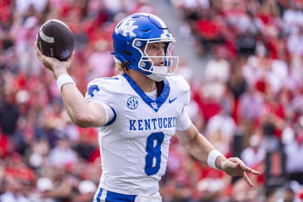 Kentucky Wildcats quarterback Cutter Boley (8) throws a pass during the football game against Georgia on Saturday, Oct. 4, 2025, at Sanford Stadium in Athens, Ga. Georgia won 35-14. Photo by Christian Kantosky | Photo Editor