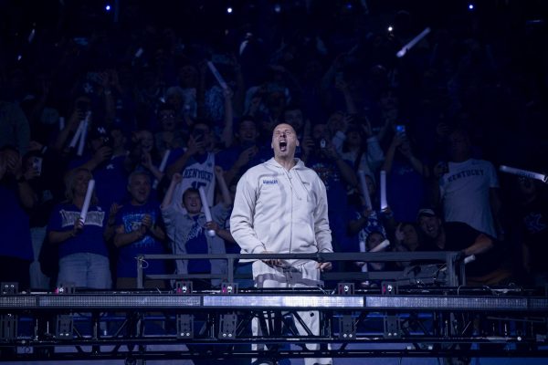 Kentucky head coach Mark Pope screams toward the crowd during Big Blue Madness on Saturday, Oct. 11, 2025, at Rupp Arena in Lexington, Ky. Photo by Christian Kantosky | Photo Editor