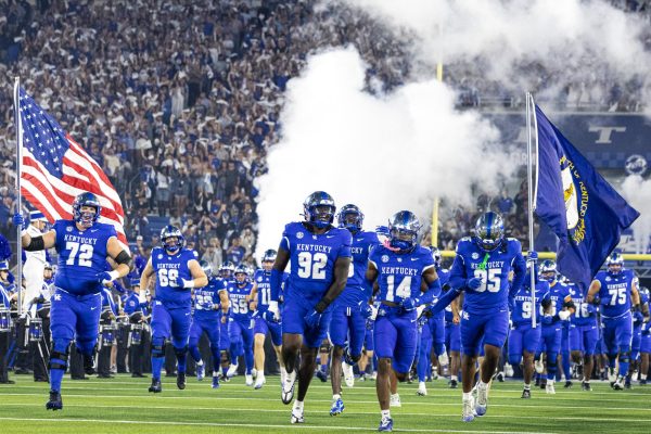Kentucky Wildcats run out during the football game against Texas on Saturday, Oct. 18, 2025, at Kroger Field in Lexington, Ky. Texas won 16-13. Photo by Kenzie Cummings | Staff