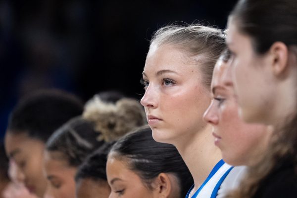 Kentucky center Clara Strack (13) stands during the The Star-Spangled Banner during the women's basketball game against Morehead on Monday, Nov. 3, 2025, at the Historic Memorial Coliseum in Lexington, Ky. Kentucky won 75-59. Photo by Sydney Novack | Assistant Photo Editor
