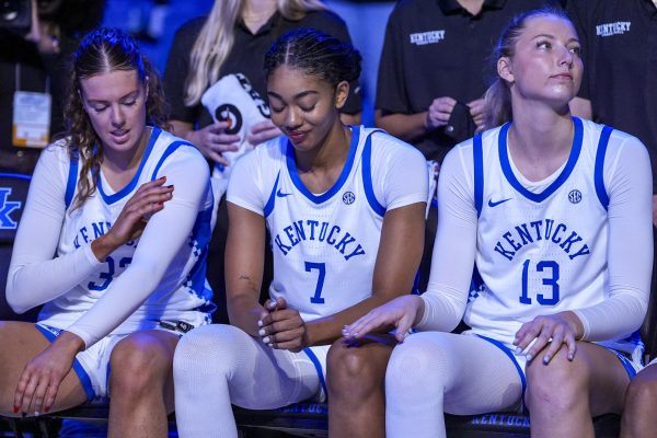 Kentucky forwards Amelia Hassett, left, Teonni Key, center, and center Clara Strack sit together before the women’s basketball game against Morehead State on Monday, Nov. 3, 2025, at Historic Memorial Coliseum in Lexington, Ky. Kentucky won 75-59. Photo by Christian Kantosky | Photo Editor