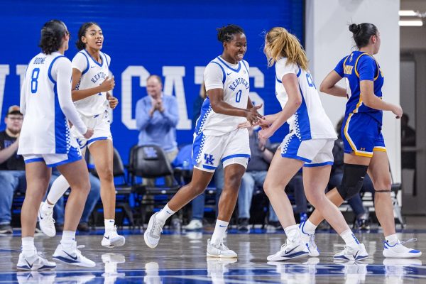 Kentucky guard Jordan Obi celebrates with her teammates during the women’s basketball game against Morehead State on Monday, Nov. 3, 2025, at Historic Memorial Coliseum in Lexington, Ky. Kentucky won 75-59. Photo by Christian Kantosky | Photo Editor