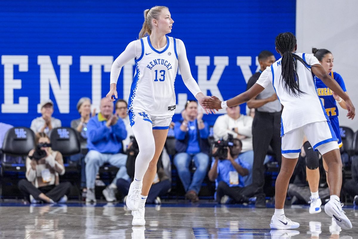 Kentucky center Clara Strack high fives Tonie Morgan during the women’s basketball game against Morehead State on Monday, Nov. 3, 2025, at Historic Memorial Coliseum in Lexington, Ky. Kentucky won 75-59. Photo by Christian Kantosky | Photo Editor